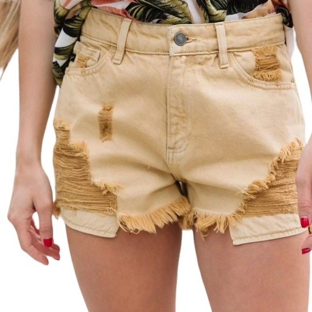 KanCan High Waist Distressed Denim Jean Shorts Mustard Yellow Women’s Size Small